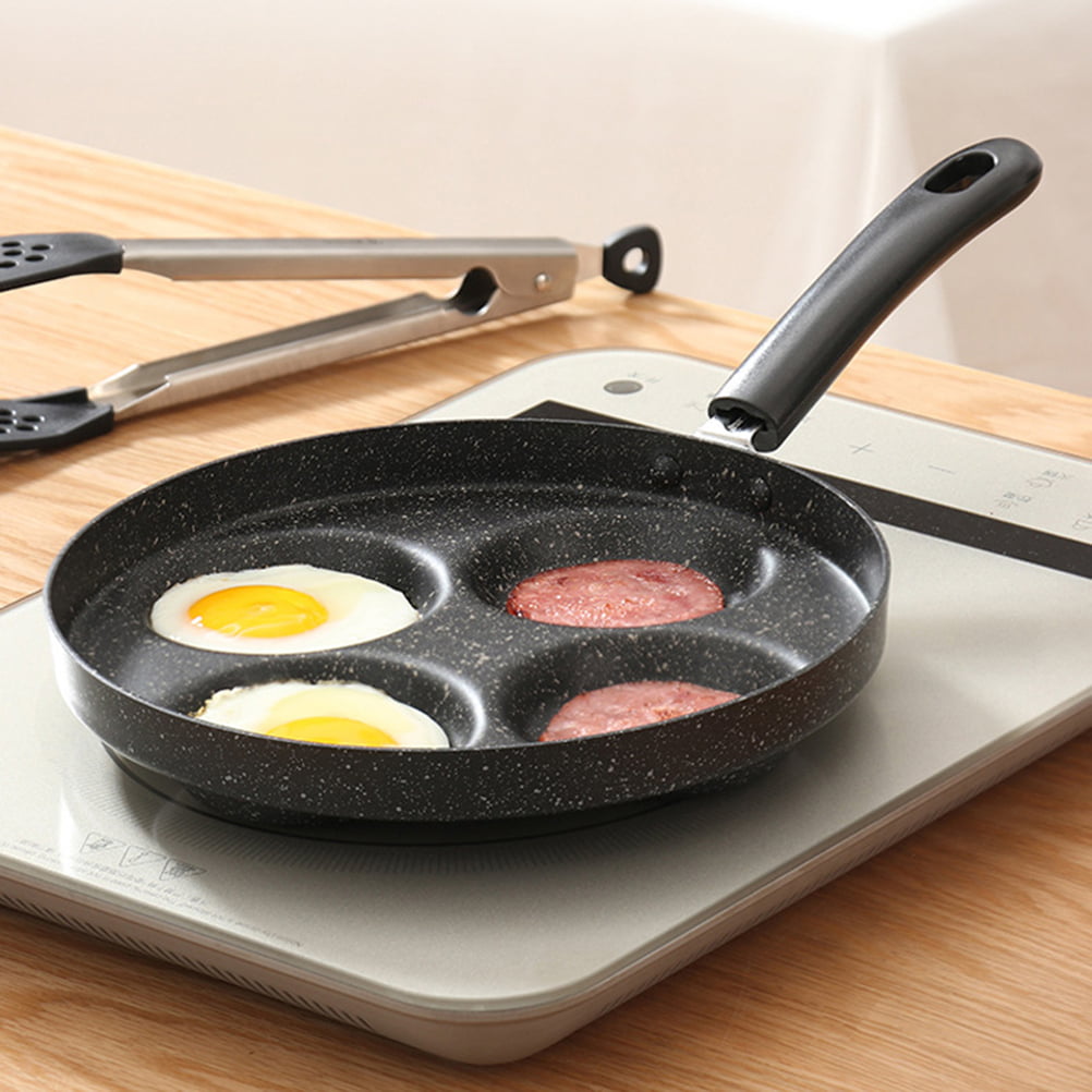 4-Cup Fried Egg Frying Pan with Brush for Oil, Non-Stick Poached Egg Pan Pancake Skillet for Burger, Omelet, Outdoor Camping, 14x7.5 Inches
