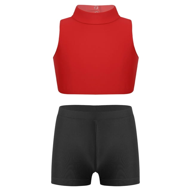 TSSOE Kids Girls Sleeveless Crop Tank Top with Shorts UV Protection Rashguard Swimsuit Bathing Suit Red&Black 6