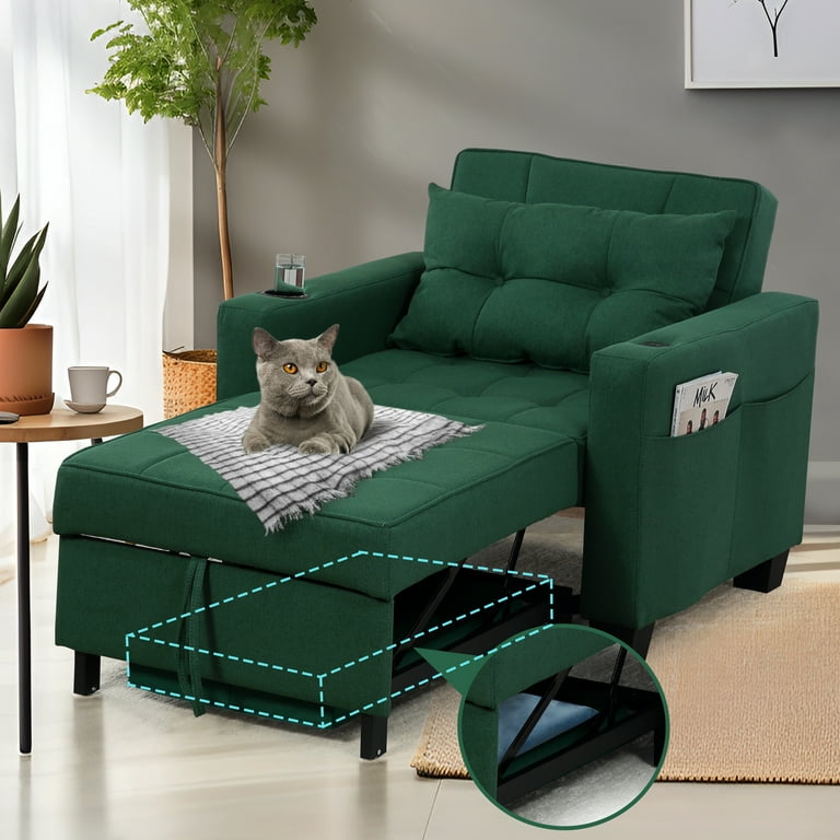 Durae 3 In 1 Convertible Sleeper Sofa Pull Out Chair Bed With Usb Port Sleeping Couch Green Size One