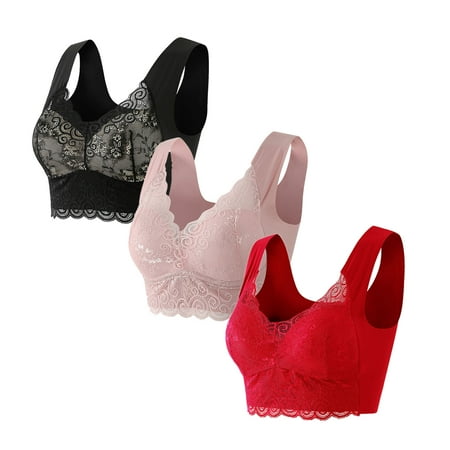Final Markdown: Womens Bras Comfortable  Sujetador Sin Aros  3PC Fashion Woman s Lace Beauty Back Solid Strap Wrap Plus Size Bra Underwear SOPATENOR Red M