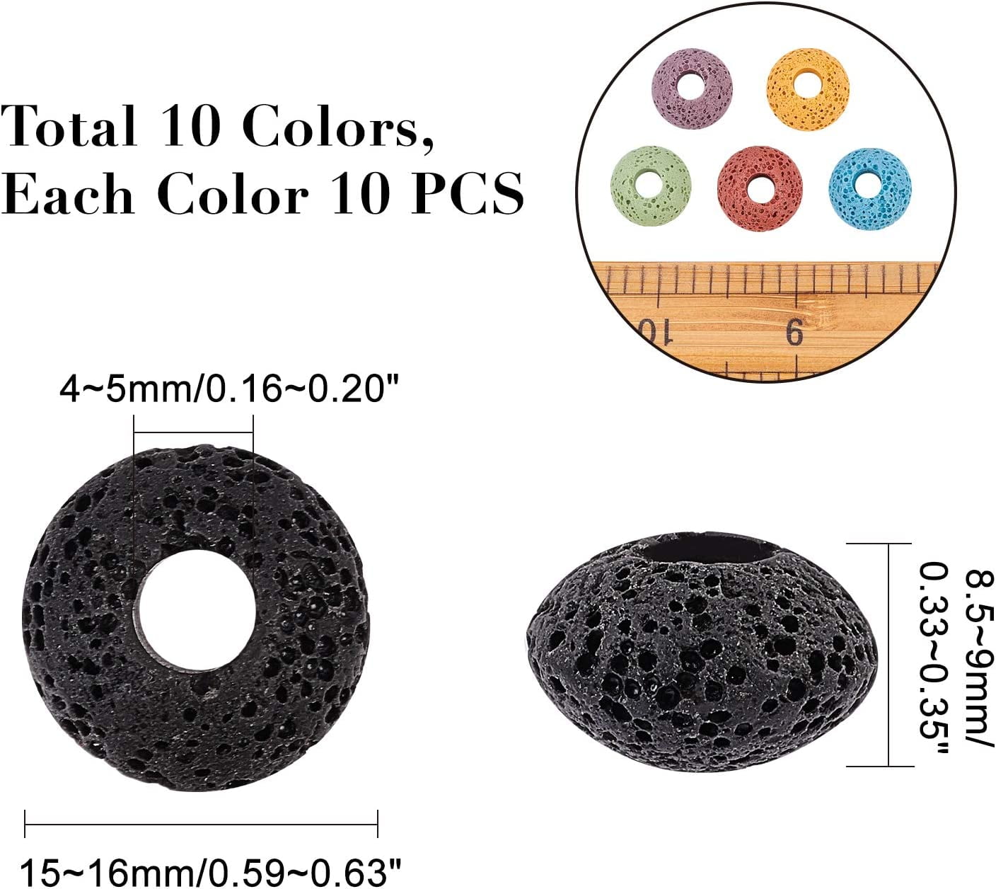 100 Pcs Natural Lava European Beads 10 Colors Flat Round Large Hole Beads Lava Stone Rock Loose Beads Volcanic Gemstone for Jewelry Making Colorful DIY