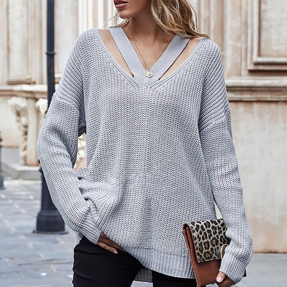 Abcnature Women Solid Color Loose Knit Sweater Temperament Stitching V-neck Tops Plus Size Tops for Ladies Autumn Winter Casual Loose Tunic Blouse Gray M