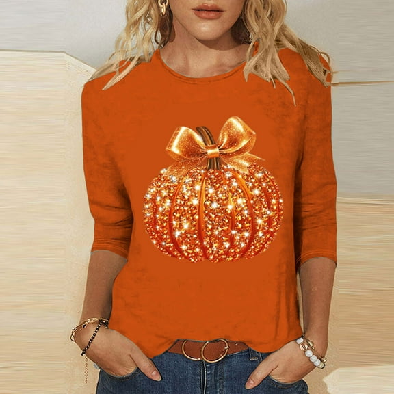 Uootdi Halloween 3/4 Sleeve Sweatshirts for Women Pumpkin Shirt Glitter Pumpkin Graphic Sweatshirt Casual Crewneck Gift Pull over Tops