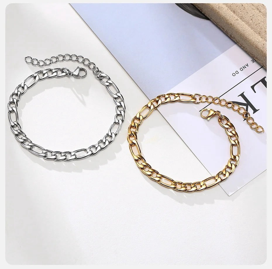 7MM Figaro Chain Bracelets for Men Women,Simple Punk 14K Yellow Gold Link Wristband Jewelry Gift,Length Adjustable