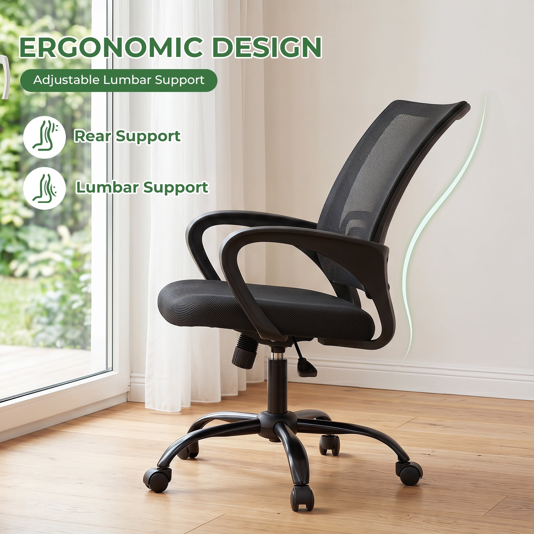 Bonzy Home Ergonomic Home Office Chairs Set of 4 with Adjustable Height and Lumbar Support, 360° Swivel Mesh Computer Desk Chair with Wheels & Armrests, Black