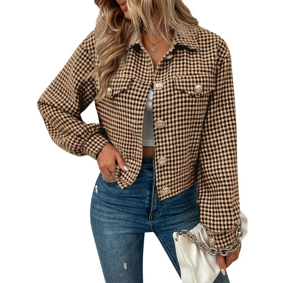 Nlife Women Houndstooth Lapel Collar Button Down Long Sleeve Cropped Jacket