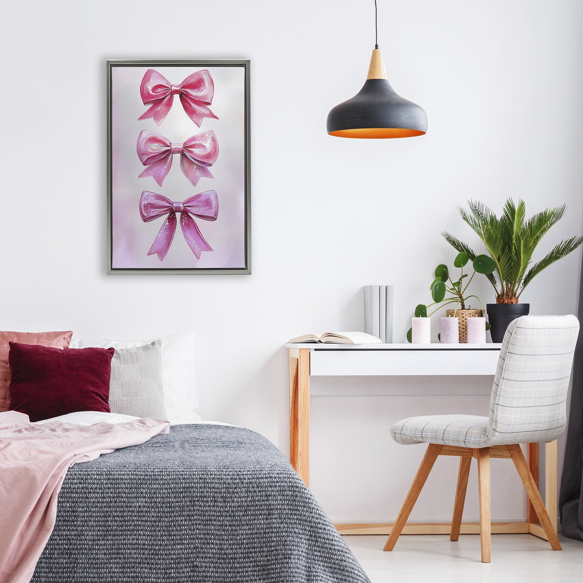 Stupell Industries Blush And Satin Ribbons Gray Framed Floater Canvas Wall Art, design by Annabelle Hall