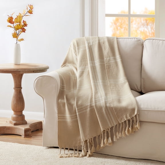 Kate Aurora Woodland Plaid Fringed Accent Throw Blanket - 50 in. x 60 in. - Tan/White