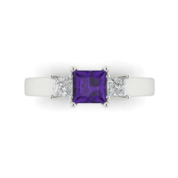 Three-Stone Engagement Ring for Women - 1.11ct Natural Amethyst in 18K White Gold Promise Ring