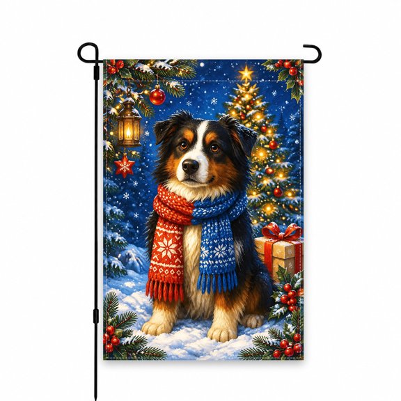 Christmas Garden Flag 12x18 Inch – Festive Holiday Dog with Red & Blue Scarves, Snow Scene, Christmas Tree & Lantern, Outdoor Yard Decor