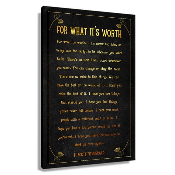 For What It's Worth F. Scott Fitzgerald Quote Wall Art Prints Poster Decorative Giclee on Canvas Paintings for Bedroom Rectangle Pictures Framed 20x30 in