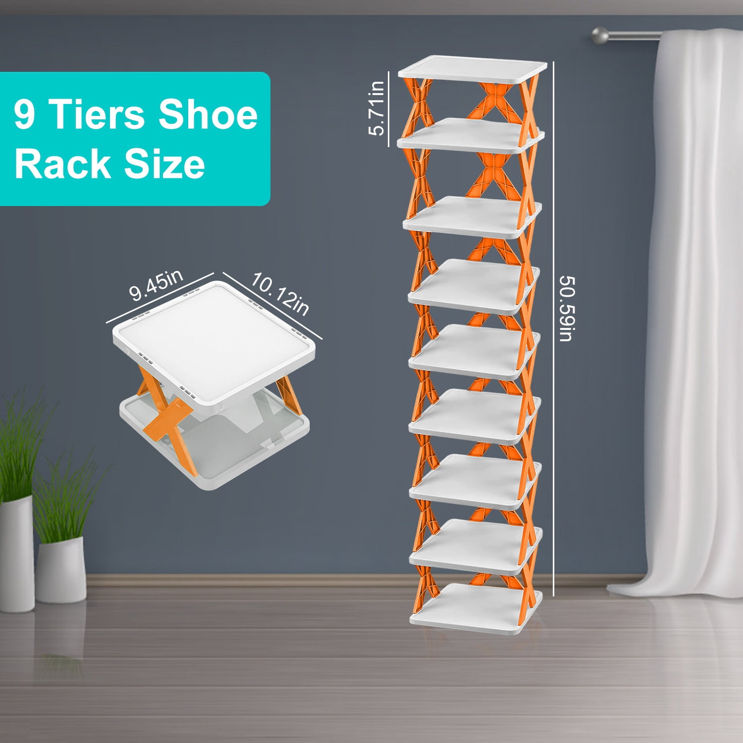 9-Tier Stackable Vertical Shoe Rack TeqHome DIY Narrow Free Standing Shoe Organizer Space Saving for Entryway and Bedroom Orange