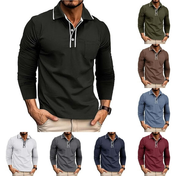 Dwelliawo Men's Polo Shirts Loose Fit Collared Stylish Work Dress Pullover Basic Button Classic Long Sleeve Shirts Black 3XL