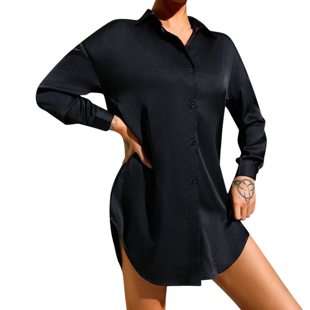 Camisa de pijama de seda helada para mujer: ropa sexy para estar por casa, manga larga, tejido de poliéster, adecuada para primavera/verano, corte holgado