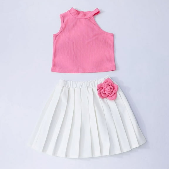 SNKSDGM Girls Spring Outfits for Girls 7-8 Girls Easter Outfits Size 6 Long Sleeve Girl's Sleeveless Top Paired with Embroidered White Pleated Skirt Set 6-7 Years