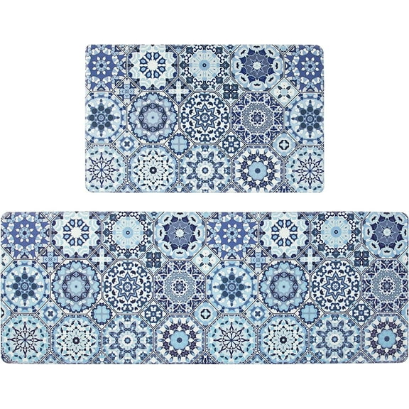 2PCS Kitchen Rugs and Mats, Blue Memory Foam Cushioned Anti Fatigue Comfort Floor Mat Non Slip Waterproof Kitchen Carpet Set for Kitchen Laundry Sink 17"x48" 17"x28"