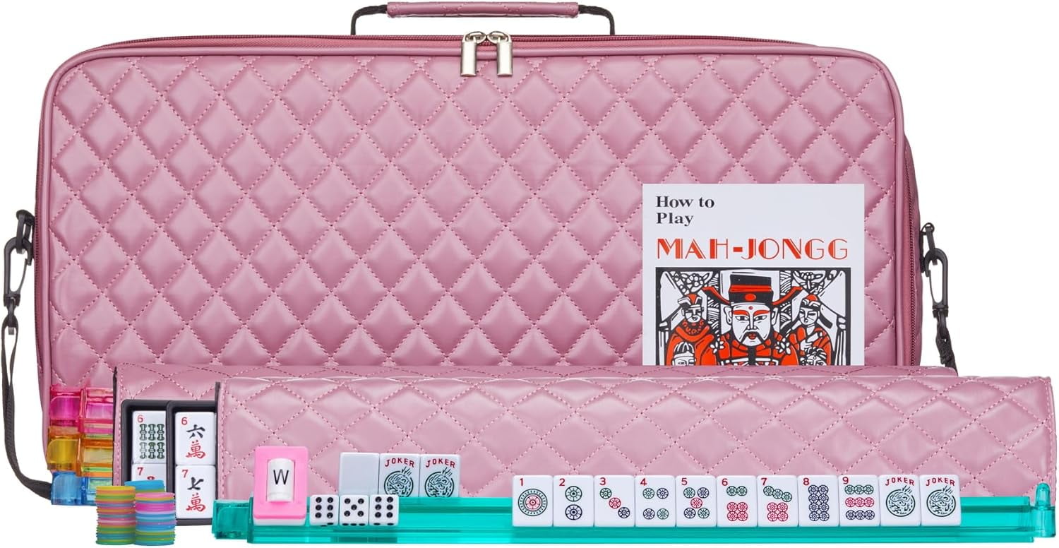 American Mahjong Set Purple Pink - Quilted PU Leather Carrying Bag with Shoulder Strap & Handles, All-in-One Tile Racks with Pushers, 166 Engraved Tiles, Dice, Bettor, Extra Tiles & Instructions