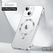 Dteck for iPhone 14 Plus 6.7 Inch Strong MagSafe Magnetic Clear Case, HD Glass Lens Film Protection Wireless Charging Airbag Protection Shockproof Anti-drop Not-Yellowing Slim Case,Silver