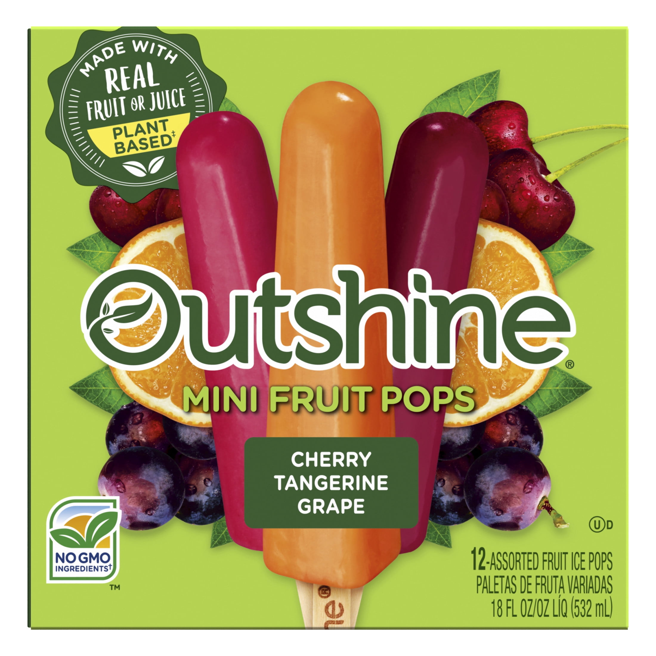 Outshine Cherry, Tangerine, and Grape Frozen Mini Fruit Pops,Variety Pack, Non-GMO, 12 Count
