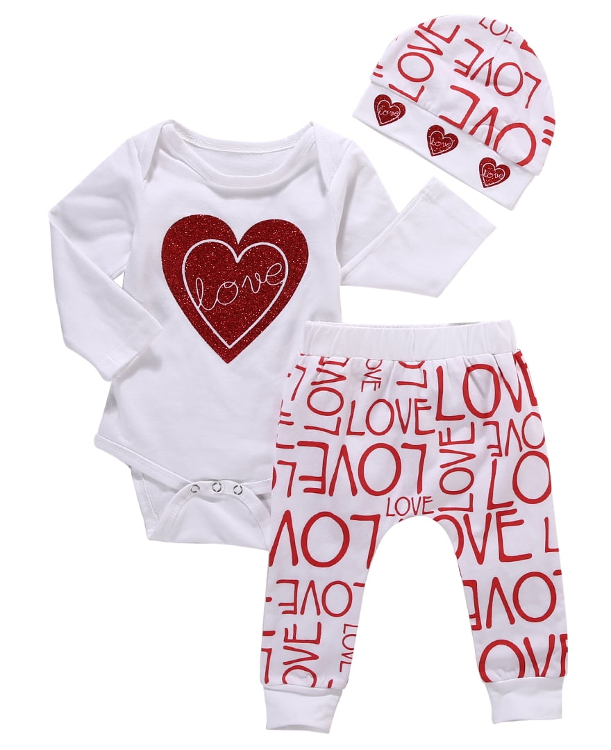 Loalirando Newborn Baby Boys Valentines Day Outfits My 1st Valentines Day Romper Bodysuit Heart Pants Hat 3Pcs Clothes Set