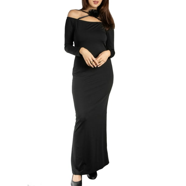 Jess por Meiko Vestido de Mujer de Manga Larga Off Shoulder con Adorno de Flores Cuerpo Ajustado Maxi Vestido L Negro