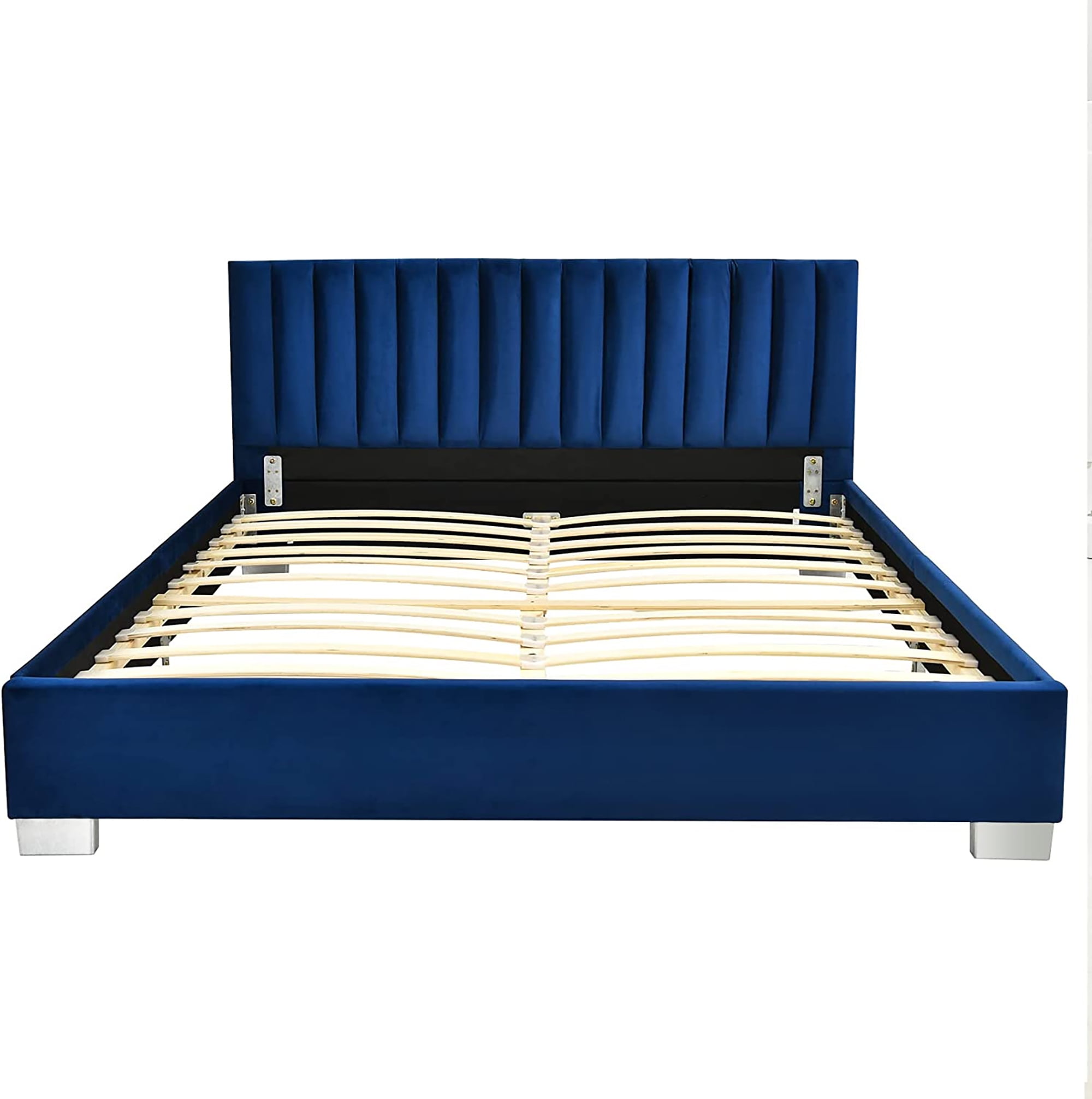 Costway Upholstered Bed Frame Full Size Modern Platform Bed with Vertical Channel Headboard No Box Spring Needed Navy