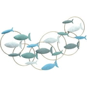 School of Fish Metal Wall Decor Art, Turquoise, Teal, White, Grey and Gold, Made By Hand, Vintage Details, Iron, 35.5 Inches