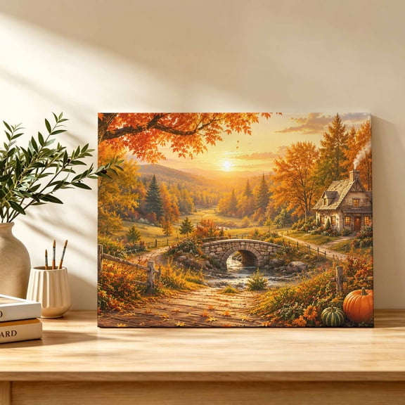 Fall Landscape Canvas Wall Art, Orange Gold Maple Leaf Pumpkins Tree Rustic Countryside Wall Art Prints Artwork Framed Canvas Ready to Hang Art Pictures for Study Living Dining Room Bedroom 20" x 16"