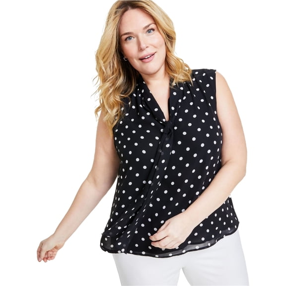 Anne Klein Womens Dot-Print Peasant Blouse, Black, Plus Size, 3X