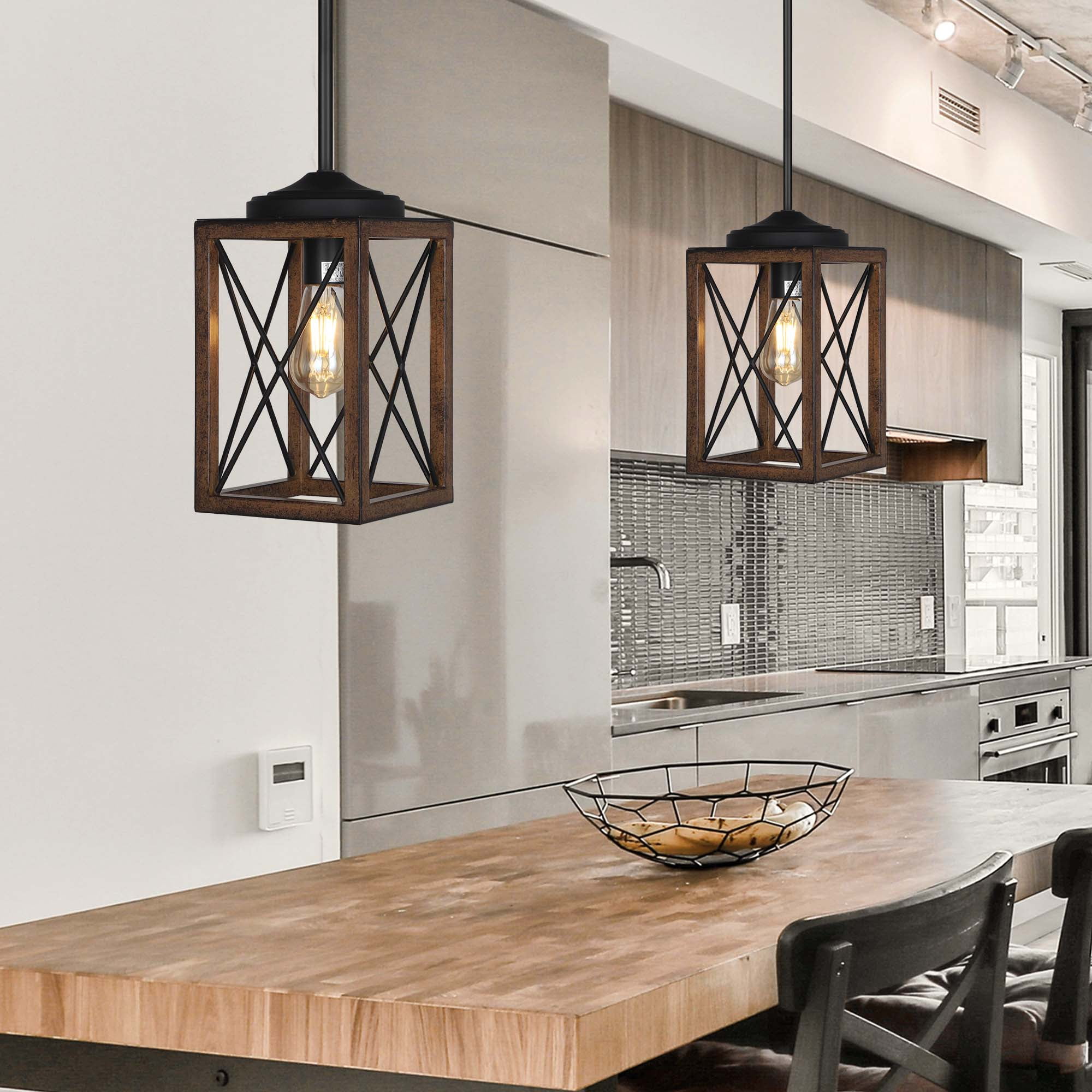 DEWENWILS 2 Pack Farmhouse Pendant Lighting for Kitchen Island, Wood and Metal Hanging Light Fixture for Dining Room, Adjustable Height