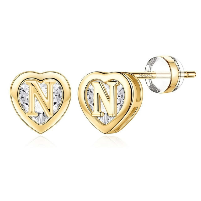Fiudx Pendientes con Inicial de Corazón, de Plata de Ley S925, con Detalles de Circonitas, Ideal Como Regalo para Hija, Novia o Nieta, San Valentín, Cumpleaños o Navidad. Tamaño de 6,7 Mm.