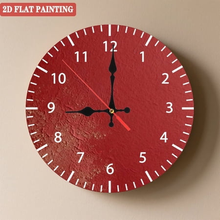 Wooden Wall Clock with Vintage Distressed Red Concrete Texture, Silent Movement, Battery Operated (AA Batteries Not Included), Artistic Home Decor, 10×10inch (25×25cm)