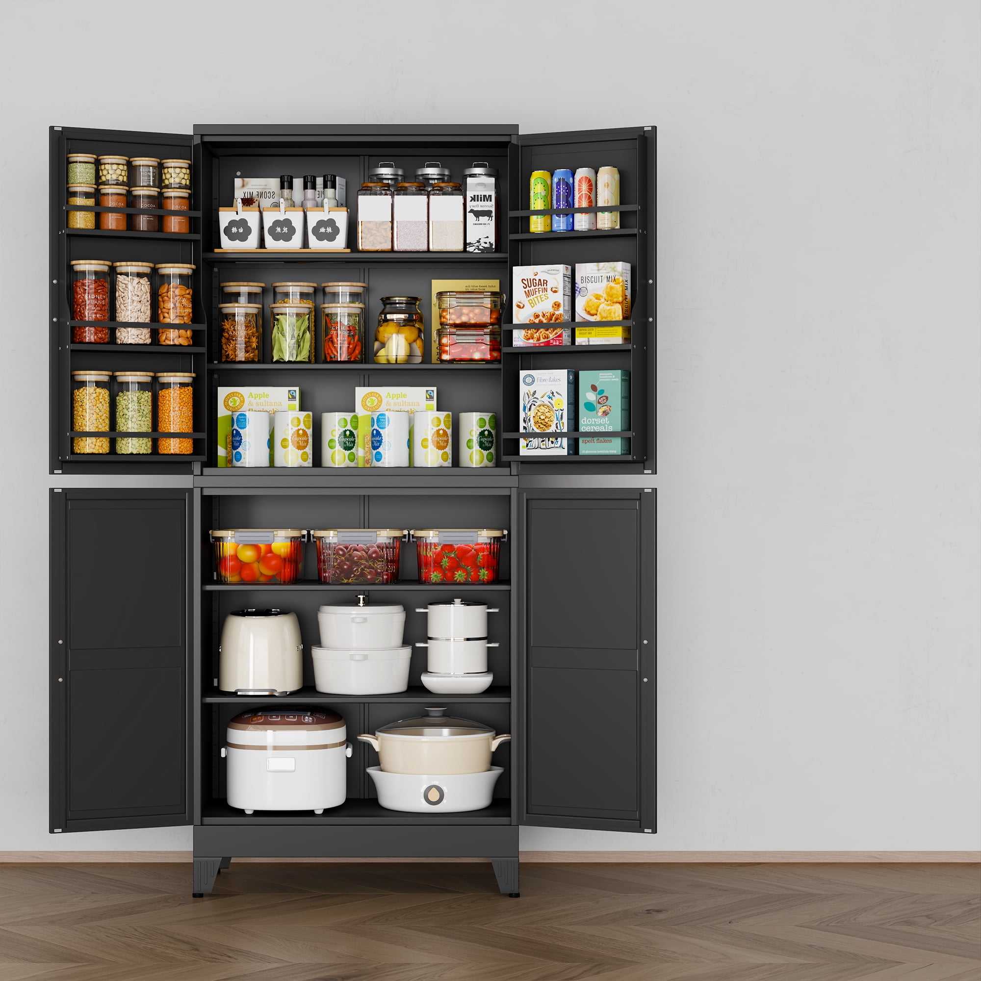 Ero Tall Steel Pantry Cabinet with 4 Doors and Adjustable Shelves for Kitchen Storage Black
