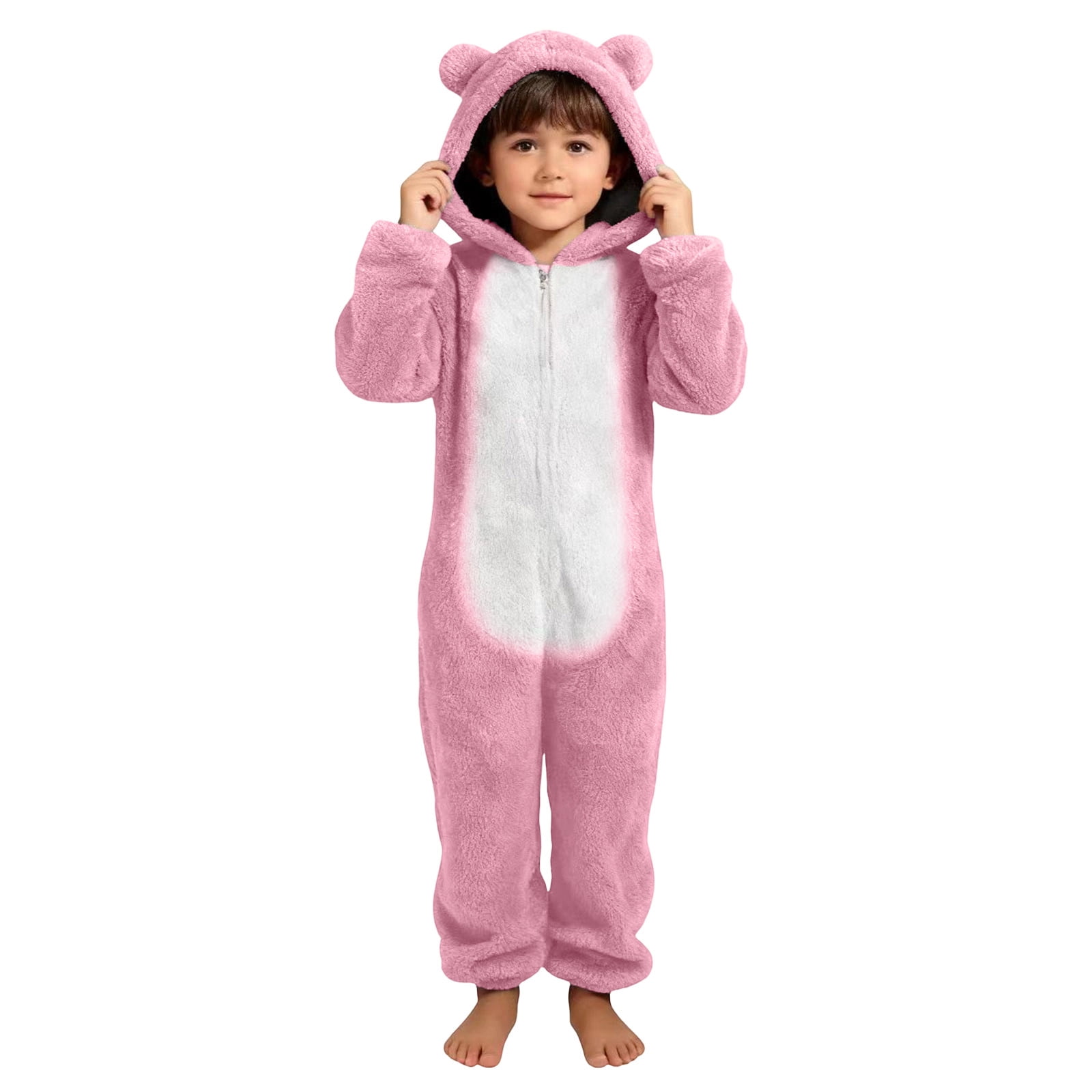 UQJfacai Girls Fleece Onesie Jumpsuit Kids Color Block Warm Sherpa Romper One Piece Zipper Cat Ear Hooded Cute Loungewear 4-14 Years