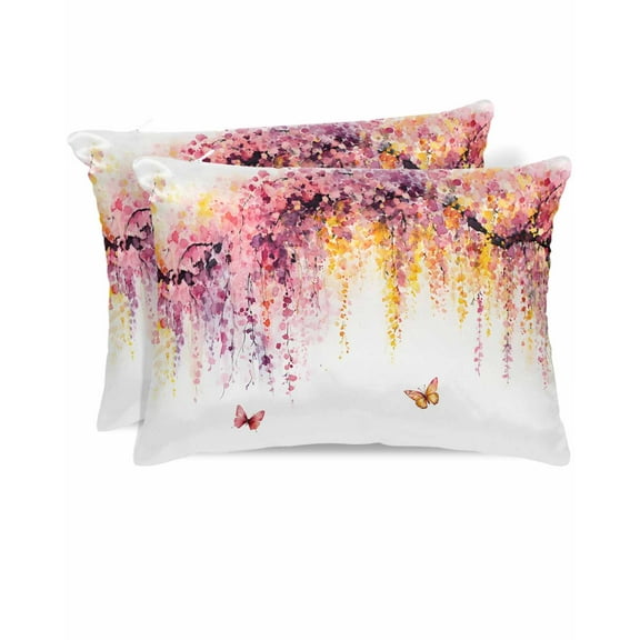 Hokiten King Size Pillow Cases Set of 2, Pillow Covers for Bed, Colorful Flowers Satin Pillowcases with Zipper for Hair/Skin, Pillow Protector Cover, Summer Botanical Florals Butterfly 20x36 Inches