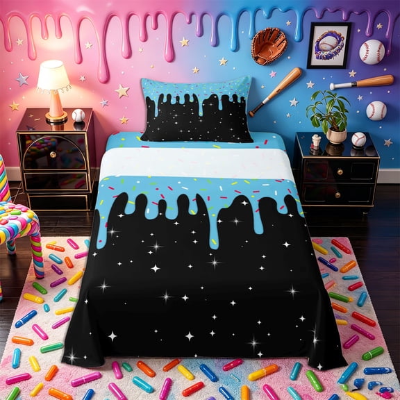 Castle Fairy Ice Cream Drip Twin Sheets 3pcs, Stars Print Bedding,Black Blue,1 Fitted Sheet, 1 Flat Sheet and 1 Pillowcase