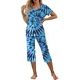 thumbnail image 3 of HUJlwoi Short Sleeve Pajama Sets for Women Capri Pants 2 Piece Sleepwear Sets Tie Dye V-Neck Ladies Lounge Matching Clothing, 3 of 6