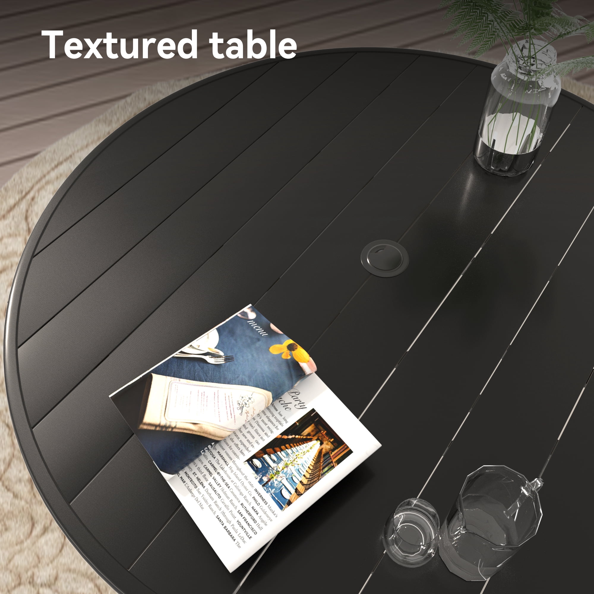 Outdoor Round Patio Dining Table for 4-6, All Weather Metal Dining Table with Umbrella Hole for Deck Lawn Garden Backyard