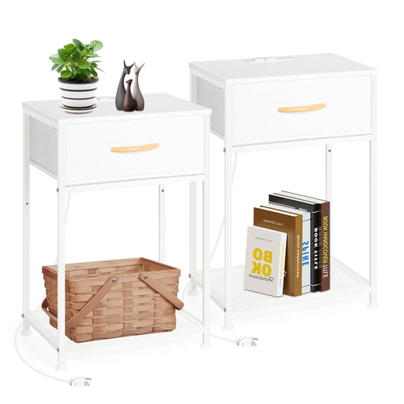 2 Pack White Nightstand with Charging Station, Side End Table with Fabric Storage Drawer & Metal Mesh Shelf, Night Stand for Bedroom Living Room