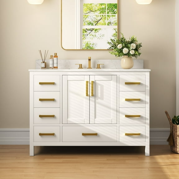 48 in. W x 22 in. D x 34 in. H Single Sink Freestanding White Bath Vanity with Engineered Marble Top, 3 Faucet Hole