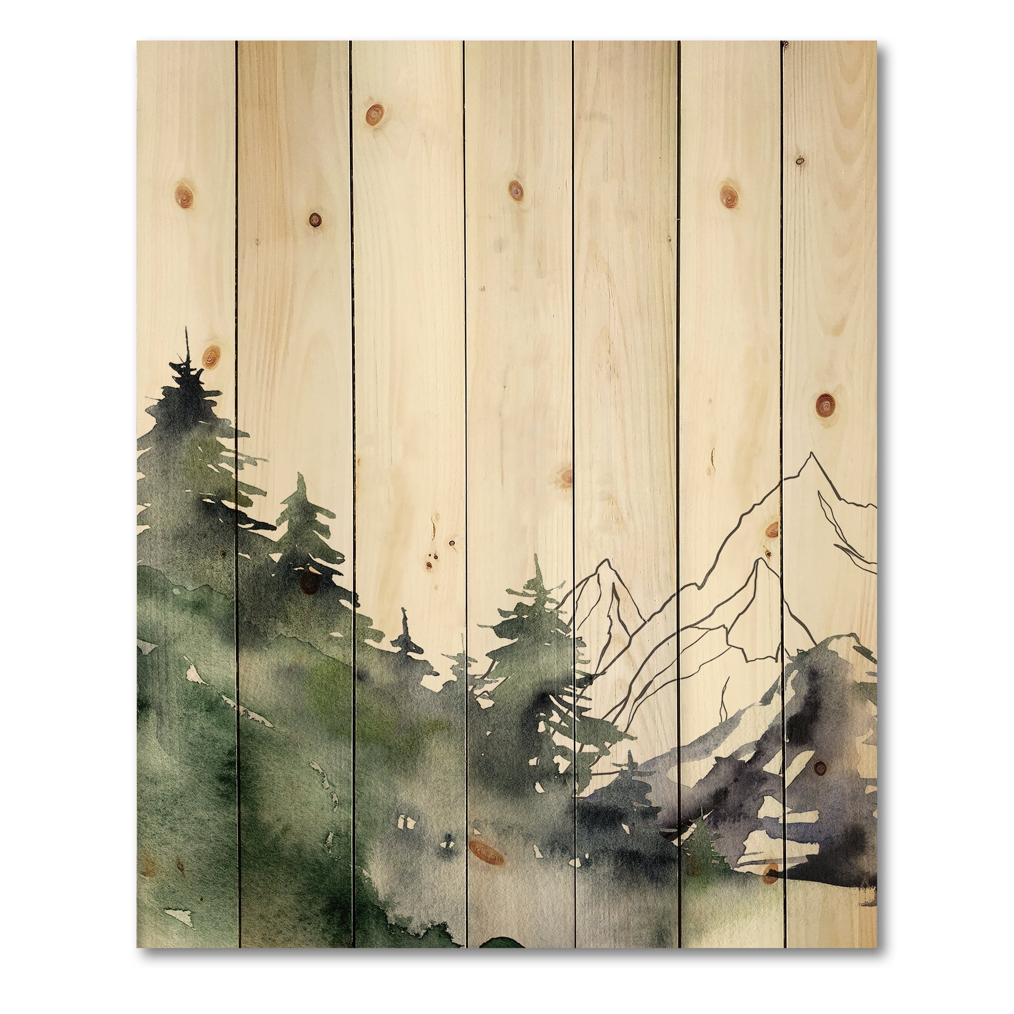 Designart 'Trees With Winter Dark Blue Mountain Landscape III' Modern Print on Natural Pine Wood