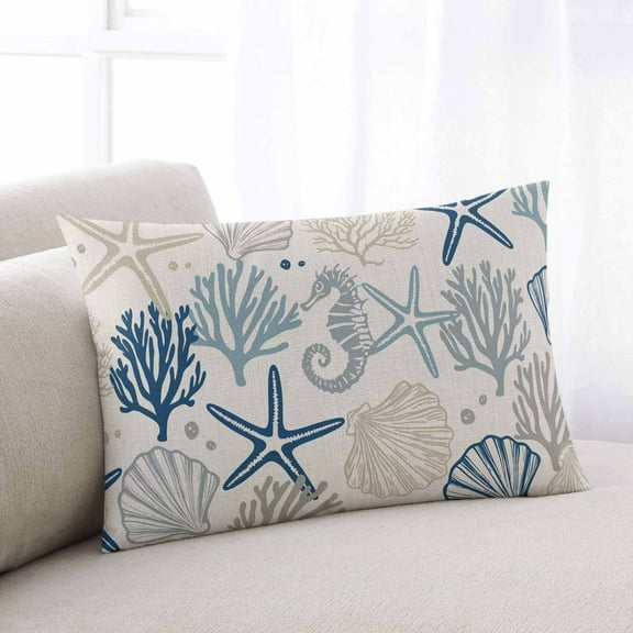 Ocean Coastal Seashells Throw Pillow Cover Case, Couch Sofa Bed Pillowcase, Soft Decorative Lumbar Pillow Protector, Vintage Nautical Coral Starfish 12x20Inch Reversible Pillow Shams with Zipper