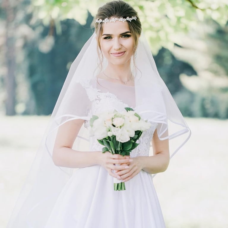2 Pcs Polyester Bridal Veils with Hair Comb White Lace 