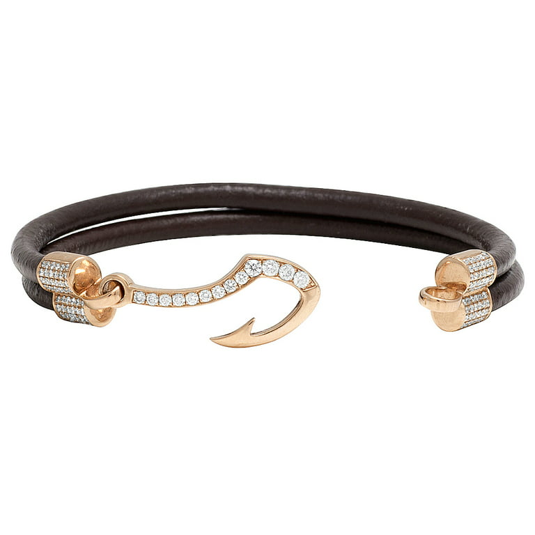 Jewelry Unlimited 14K Rose Gold Real Diamond Fish Hook Angkor Brown Leather Bracelet 7.5 1.5ct