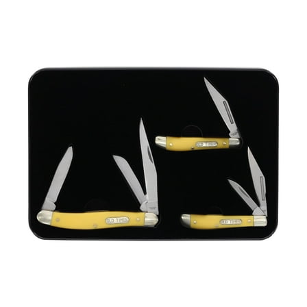 Old Timer?1227082 �Peanut� 3?Folder Knife Gift Tin � Yellow Handle, Stainless Blades, Collectible Pocket Knife Set for Everyday Carry & Outdoors