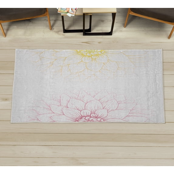 Dahlia Flower Decorative Rug, Simplistic Drawing of Bushy Sunflower Daisy Like Large Petals Image Print, Quality Carpet for Bedroom Dorm and Living Room, 6 Sizes, Yellow Fuchsia, by Ambesonne