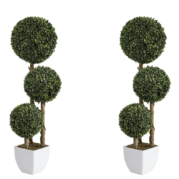 Artificial Topiary Triple Ball Boxwood Tree, 2 Pack Fake Topiaries Trees 35inch