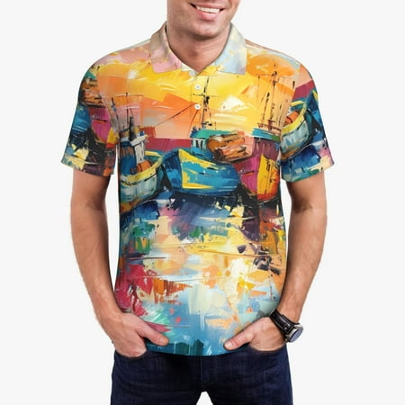 Wukai Colorful Fishing Boats Men's Polo Shirts Sleeve Camisas Polo Para Hombre True Classic Tees Men-3X-Large