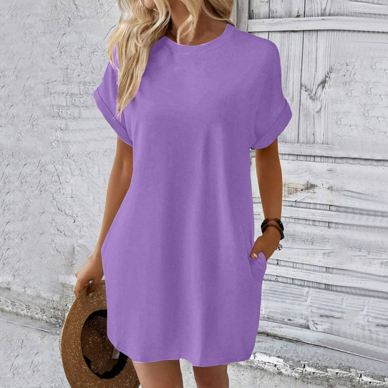 Siilsaa Summer Dresses for Women Womens 2024 Summer Short Dress Short  Sleeve Ruffle Cute Casual Beach Party Dresses Purple,2XL - Walmart.com