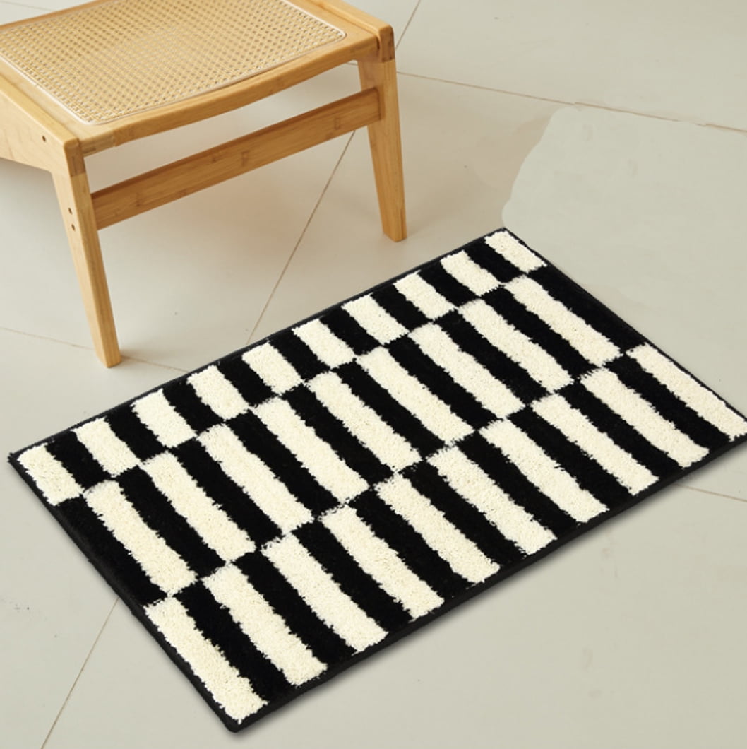 Soft Absorbent Microfiber Small Bathroom Rugs 16" x 24" Non-Slip Backing Fluffy Machine Washable Bath Mats Beige Black Striped Pattern Decor